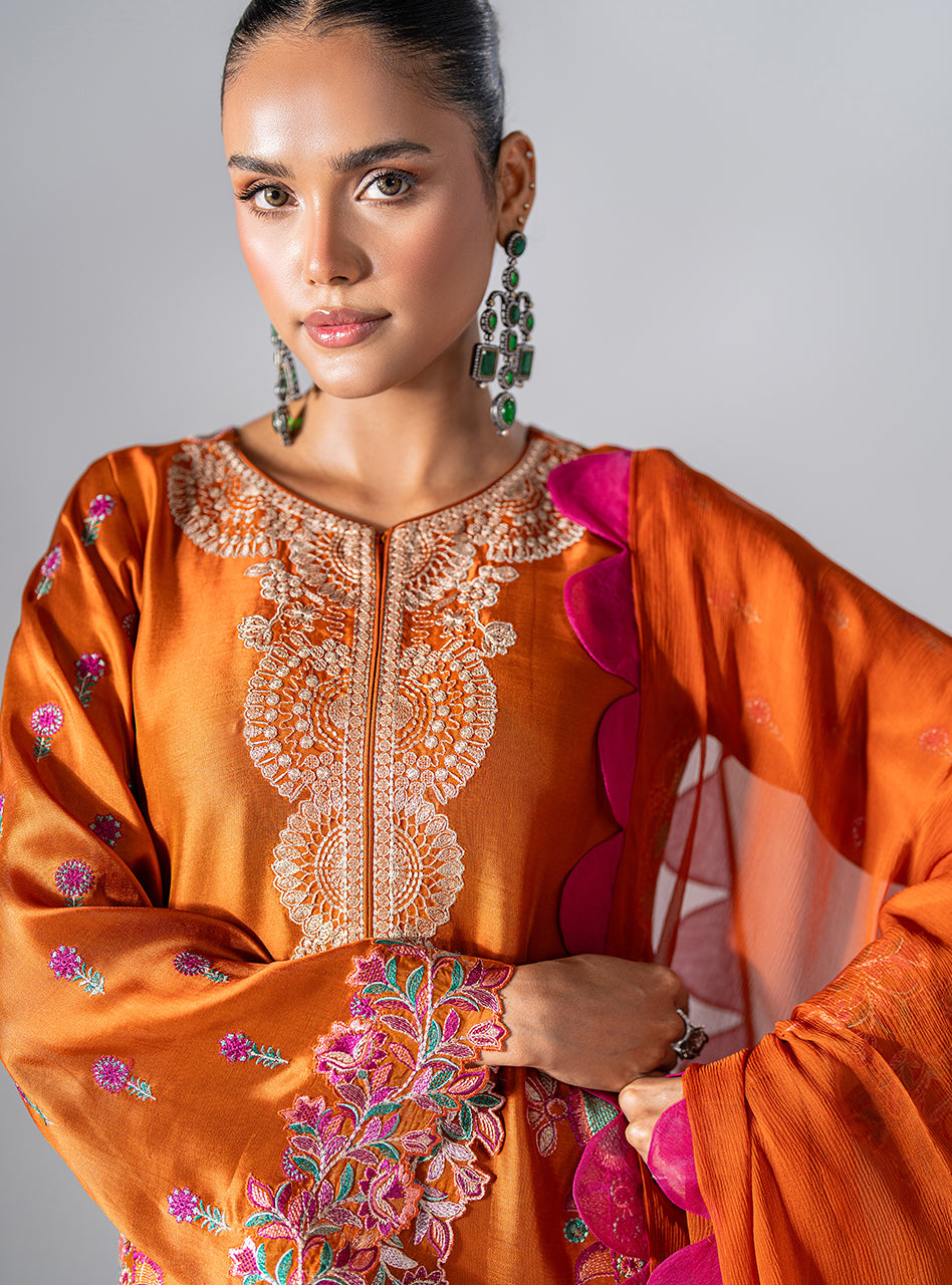 Orange Embroidered Silk Kurta Set (3-Piece) - Image 6