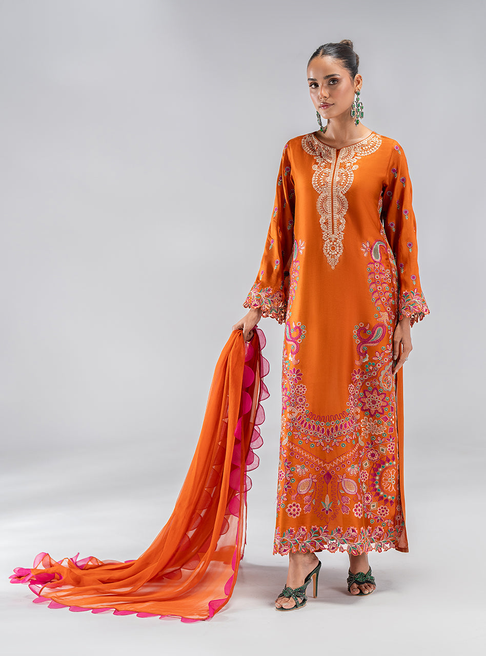 Pakistani Orange Embroidered Silk Kurta Set (3-Piece) - Image 1