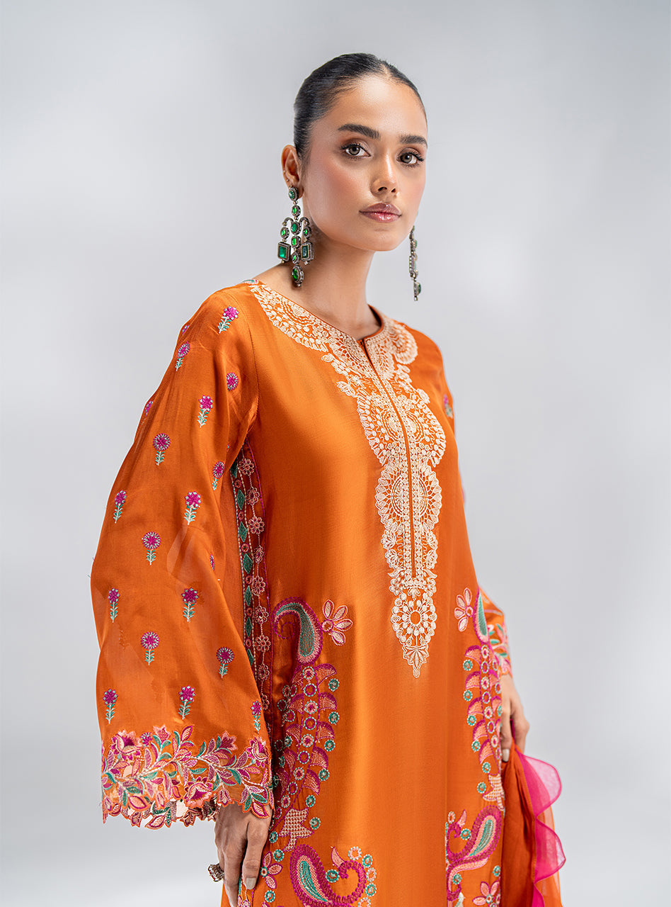 Pakistani Orange Embroidered Silk Kurta Set (3-Piece) - Image 2