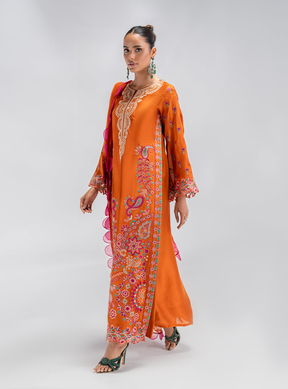 Pakistani Orange Embroidered Silk Kurta Set (3-Piece) - Image 7