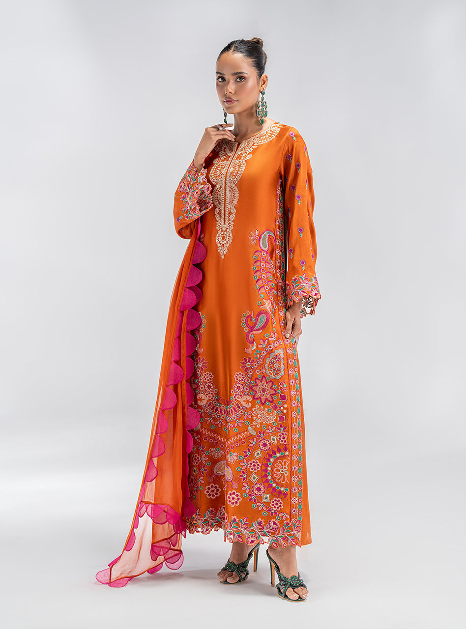 Pakistani Orange Embroidered Silk Kurta Set (3-Piece) - Image 8