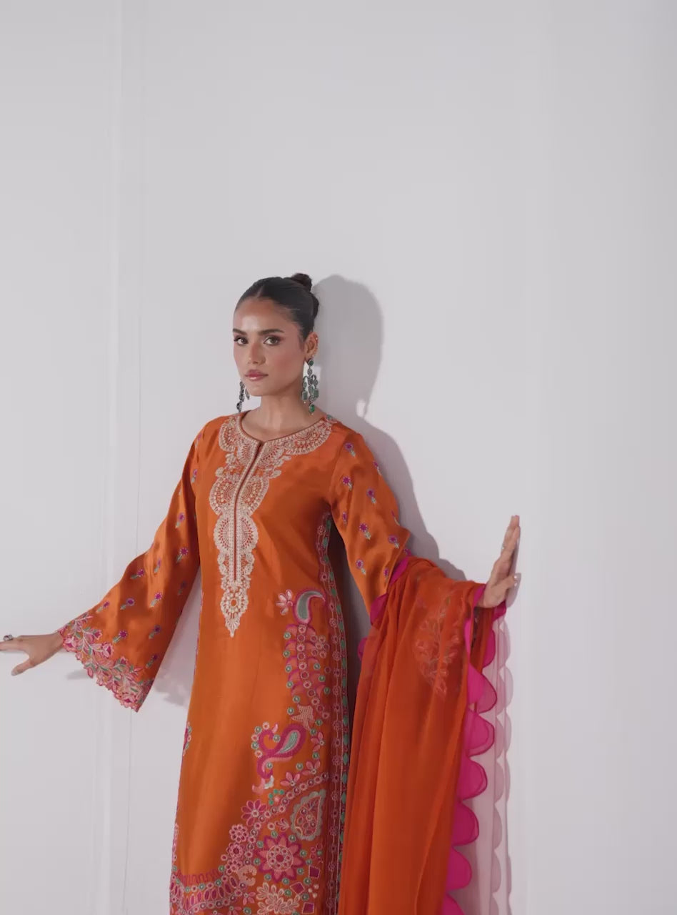 Pakistani Orange Embroidered Silk Kurta Set (3-Piece) - Image 9