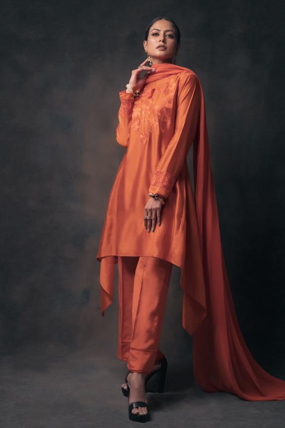 Coral Orange Embroidered Silk Kurta Set (3-Piece) - Image 1