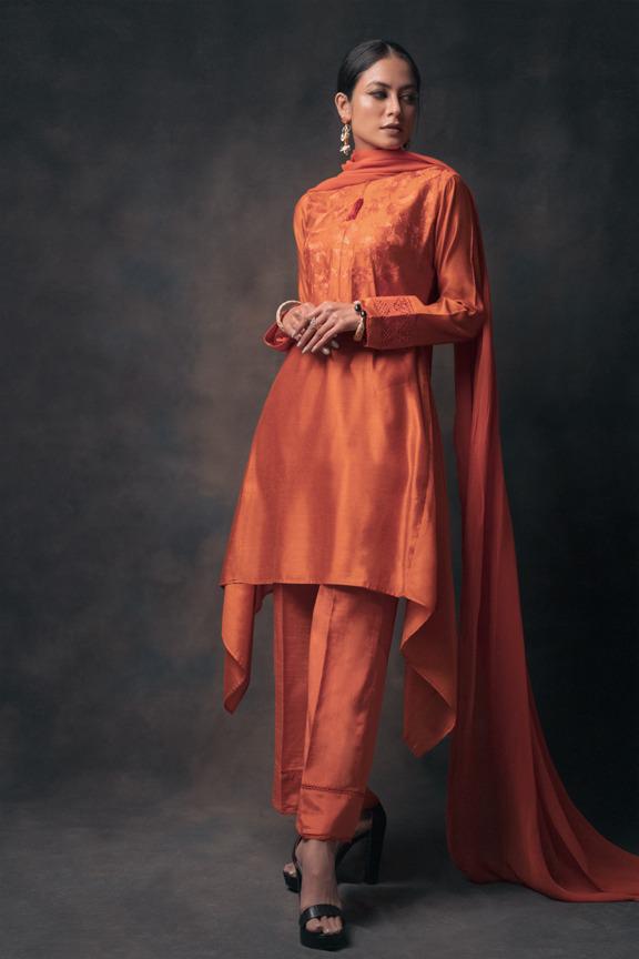 Coral Orange Embroidered Silk Kurta Set (3-Piece) - Image 2