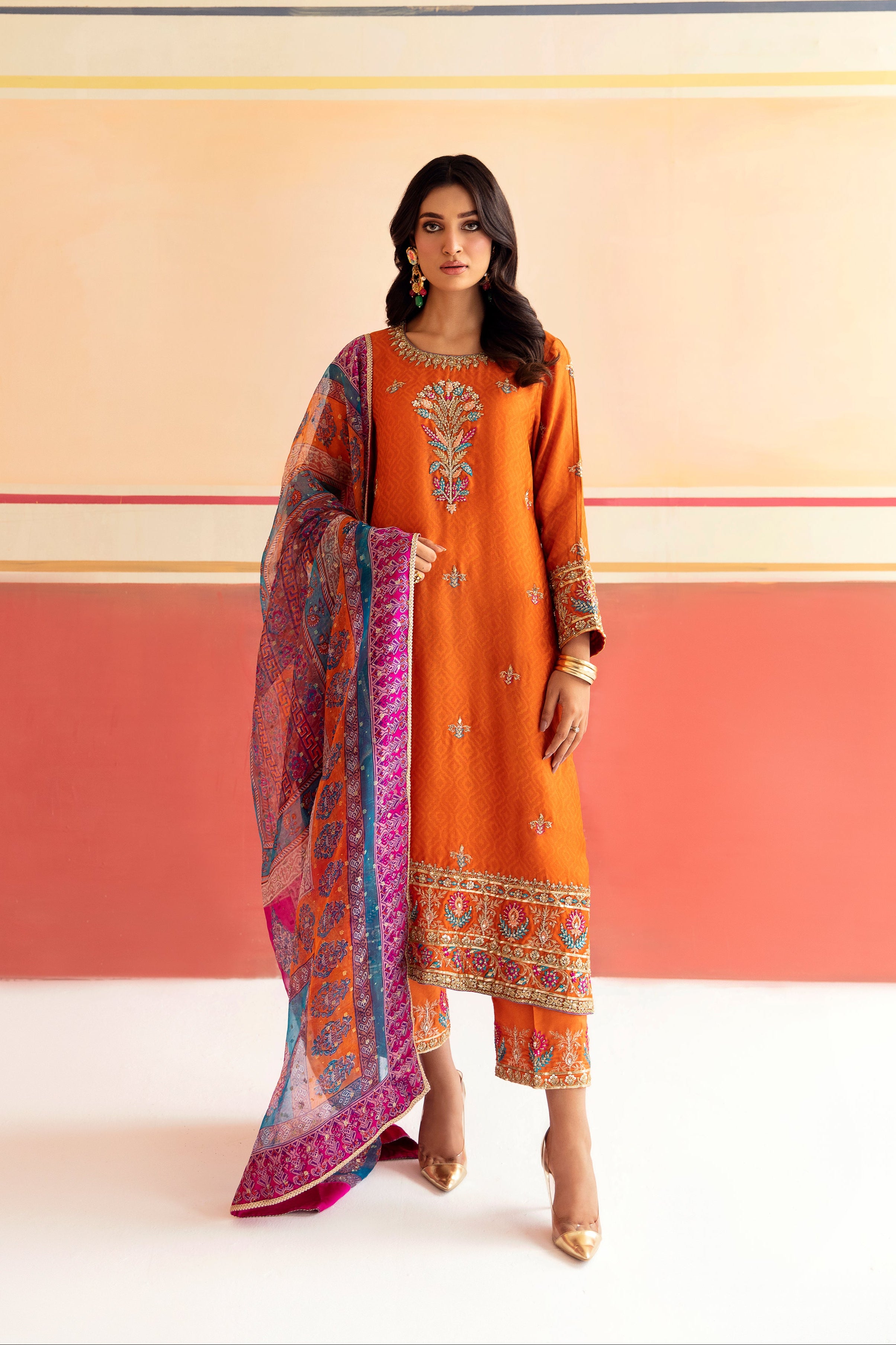 Pakistani Orange Pepper Zardozi Self-Embossed Silk Tunic Set (3-Piece) - Image 1