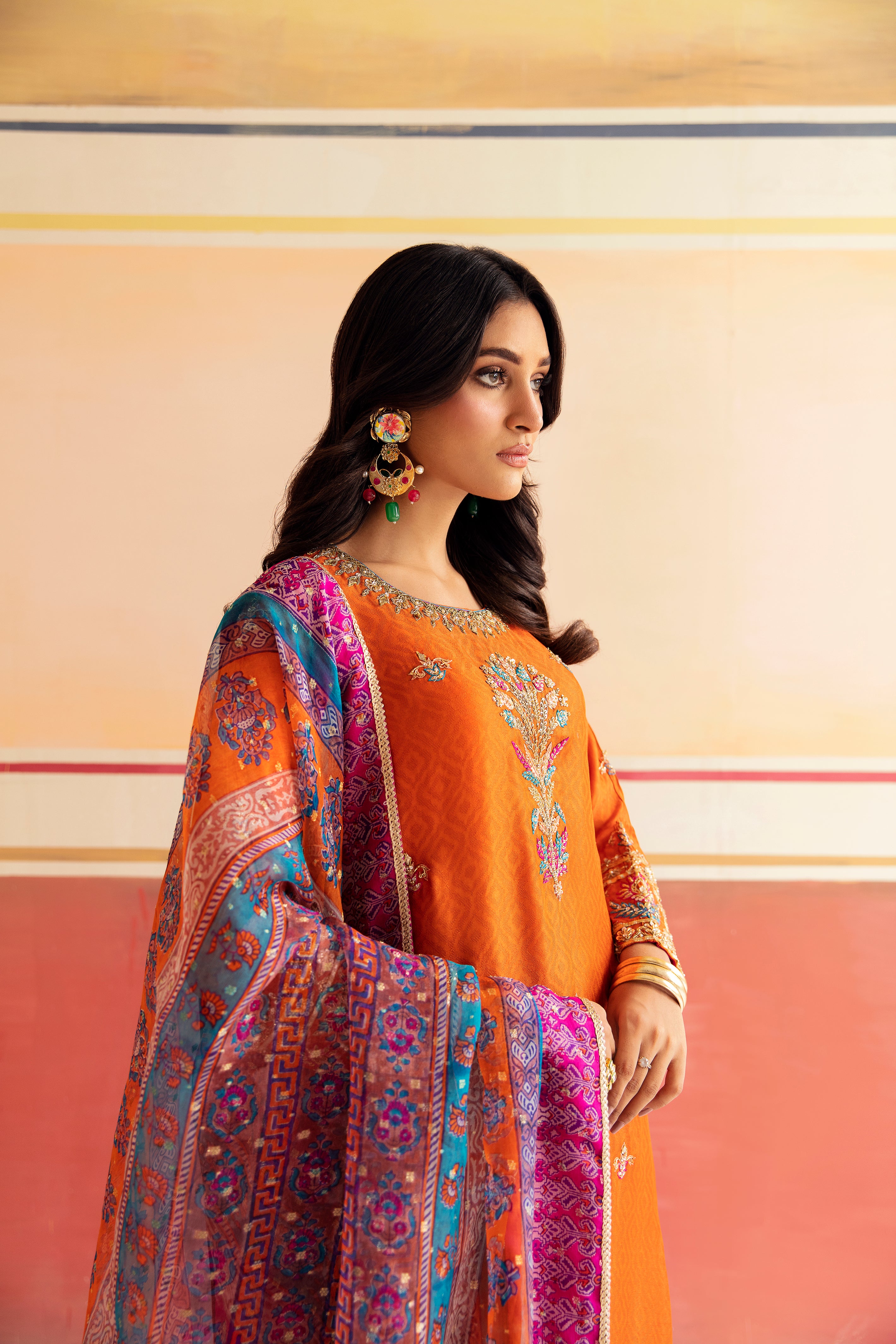 Pakistani Orange Pepper Zardozi Self-Embossed Silk Tunic Set (3-Piece) - Image 2
