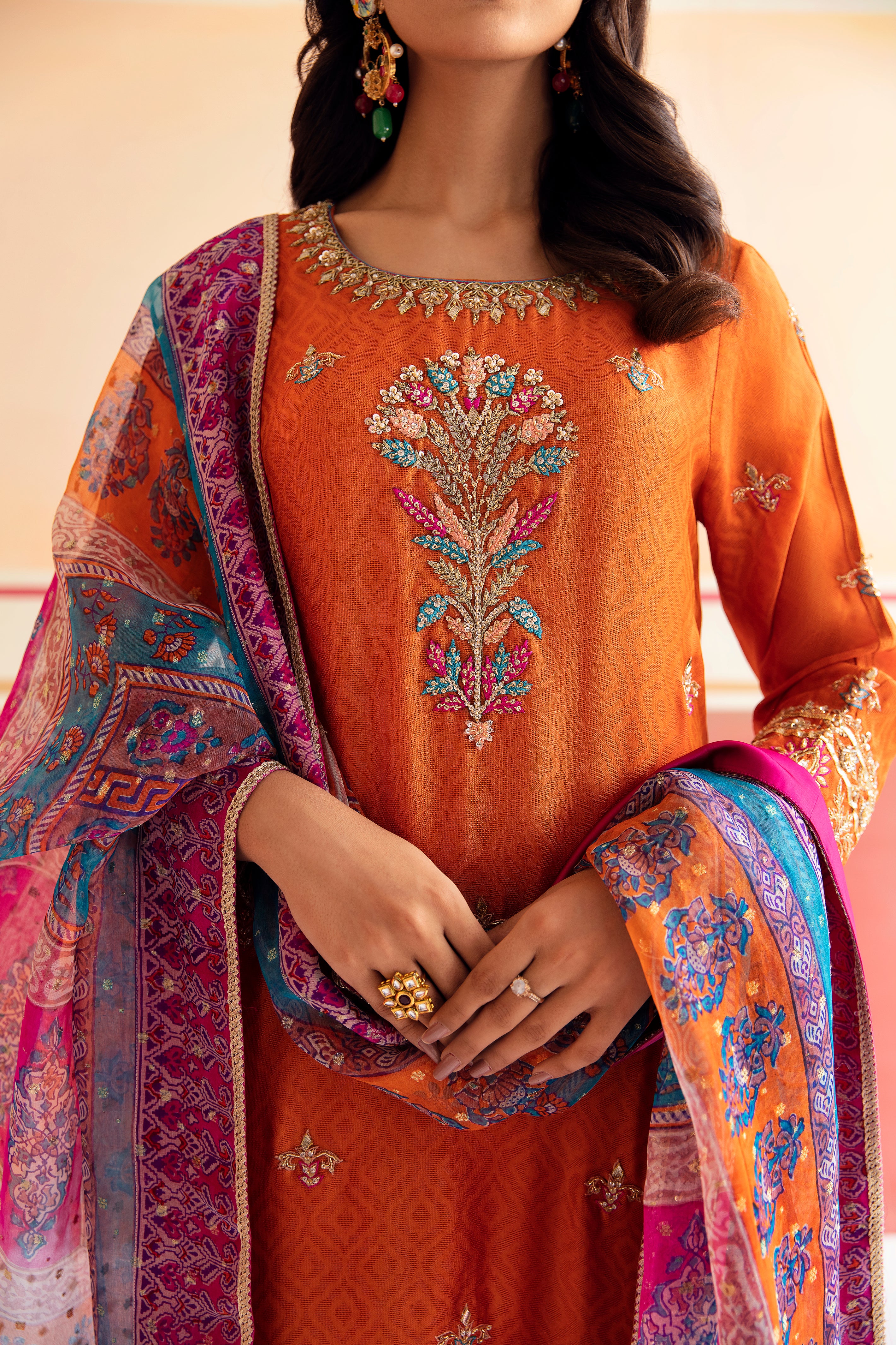 Pakistani Orange Pepper Zardozi Self-Embossed Silk Tunic Set (3-Piece) - Image 3