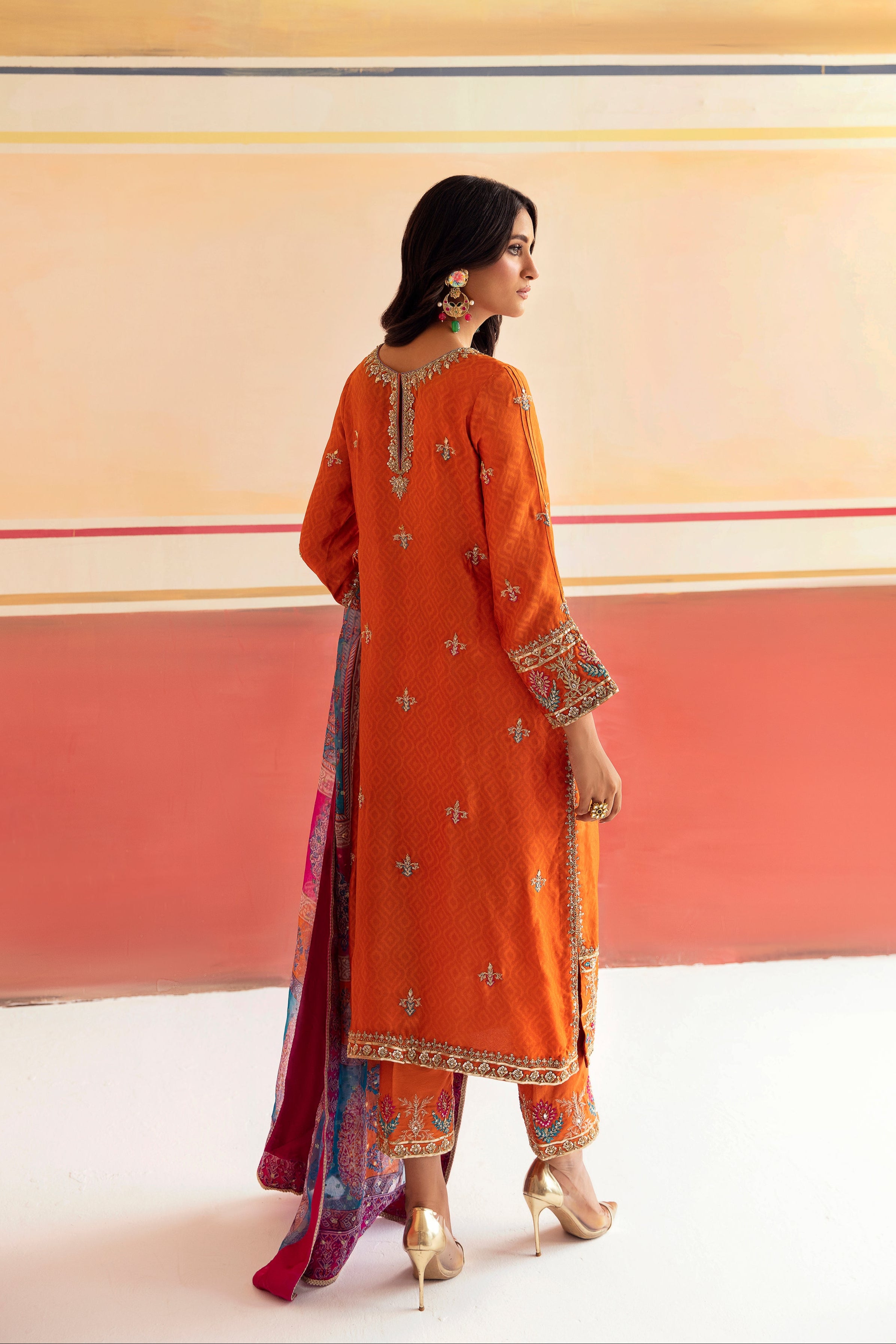 Pakistani Orange Pepper Zardozi Self-Embossed Silk Tunic Set (3-Piece) - Image 4