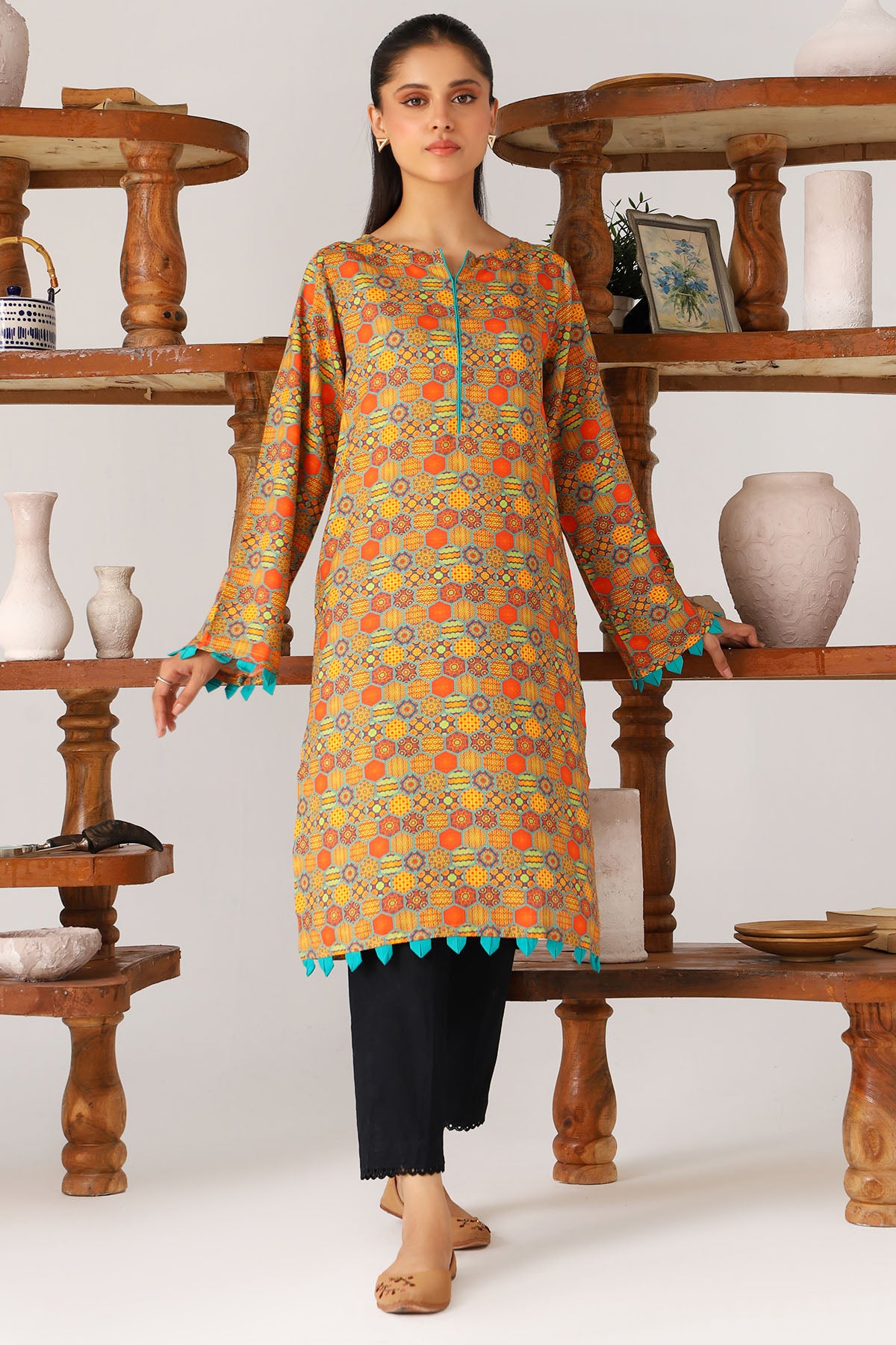 Pakistani Orange Digital Printed Slub Linen Kurta (2-Piece) - Image 1