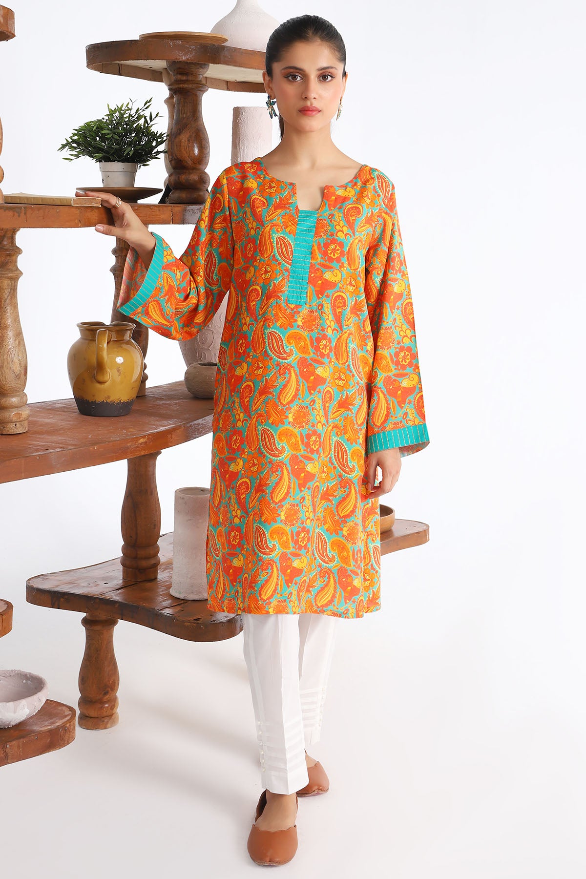 Orange Digital Printed Slub Linen Kurta (1-Pc) - Image 1