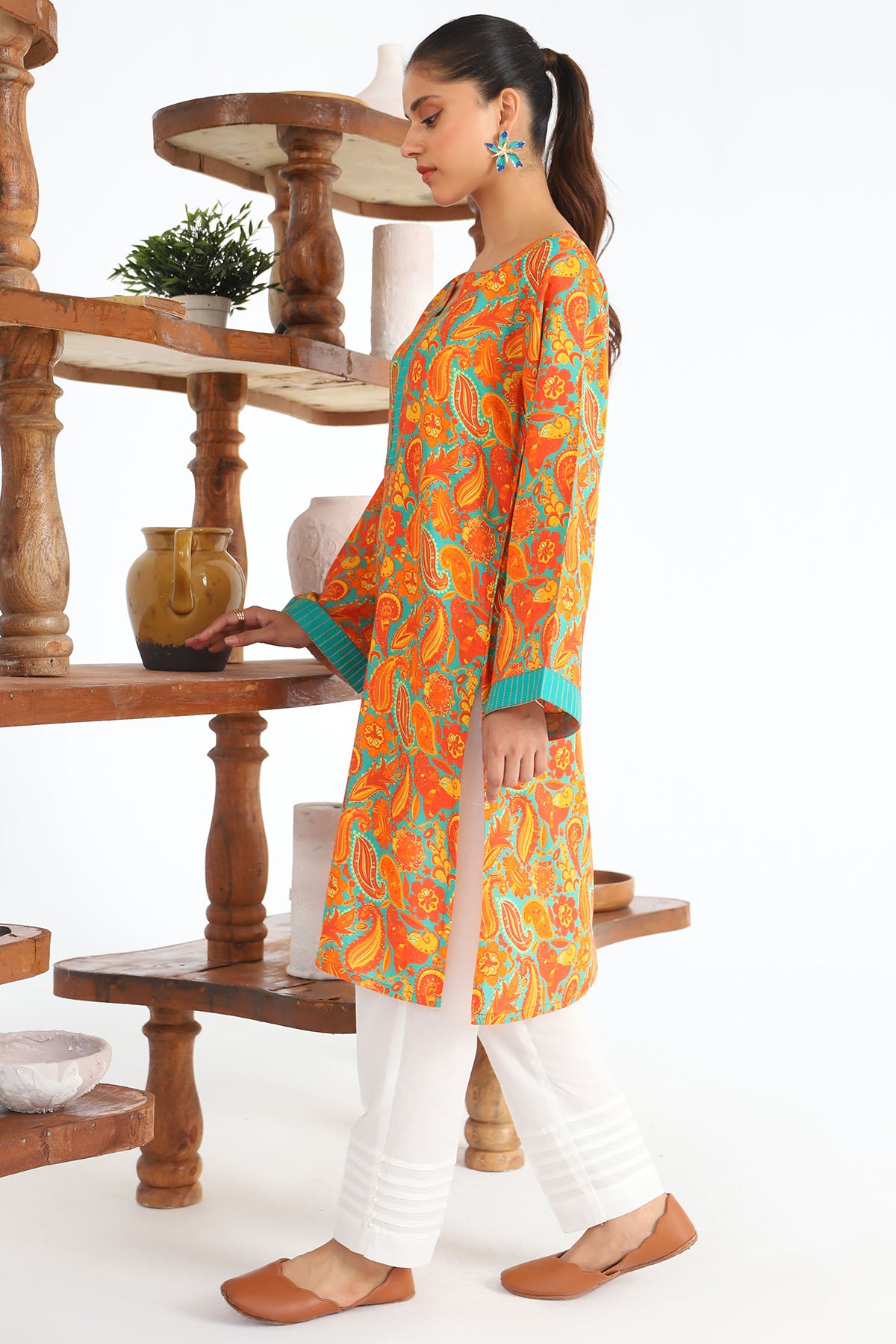 Orange Digital Printed Slub Linen Kurta (1-Pc) - Image 2