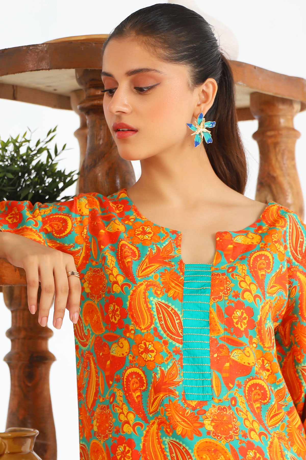 Orange Digital Printed Slub Linen Kurta (1-Pc) - Image 3