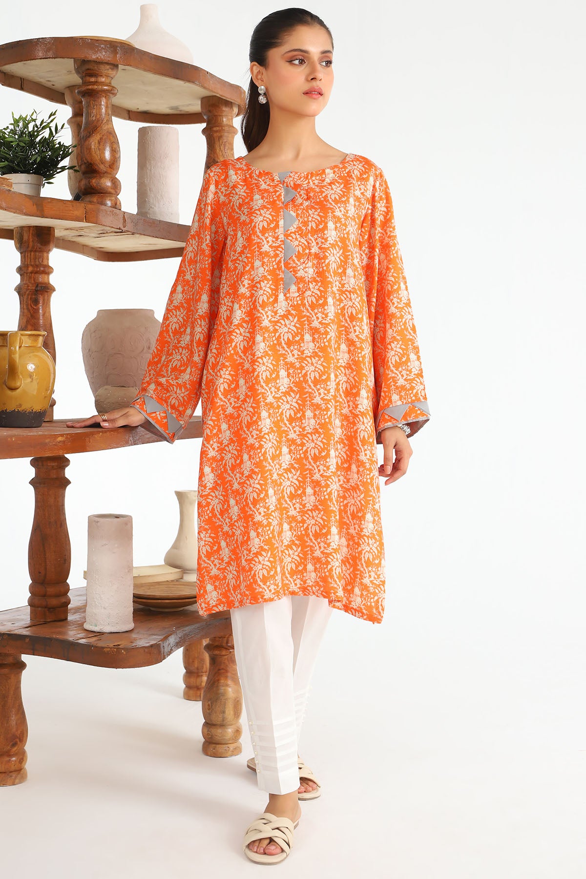 Pakistani Orange Digital Printed Slub Linen Shirt (1-Pc) - Image 1