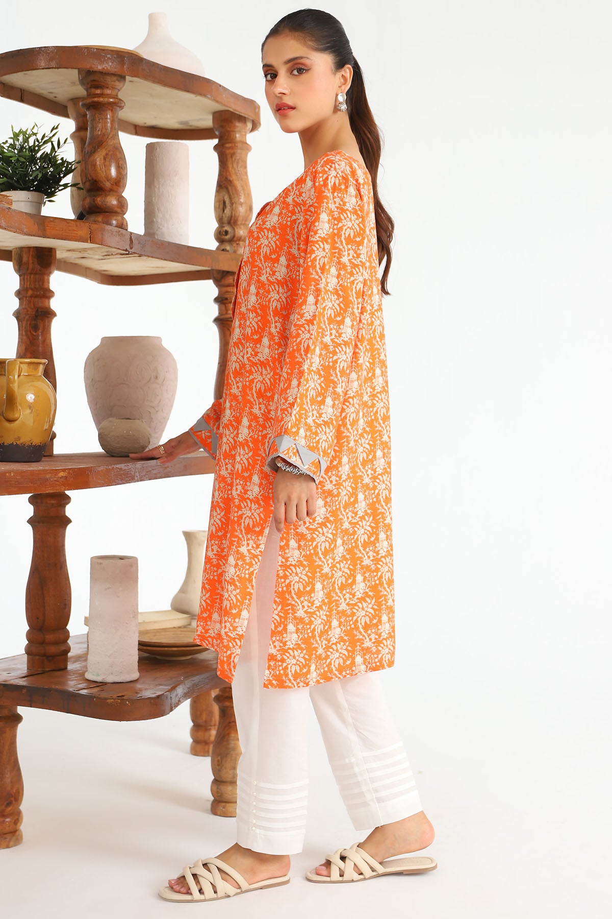 Pakistani Orange Digital Printed Slub Linen Shirt (1-Pc) - Image 2