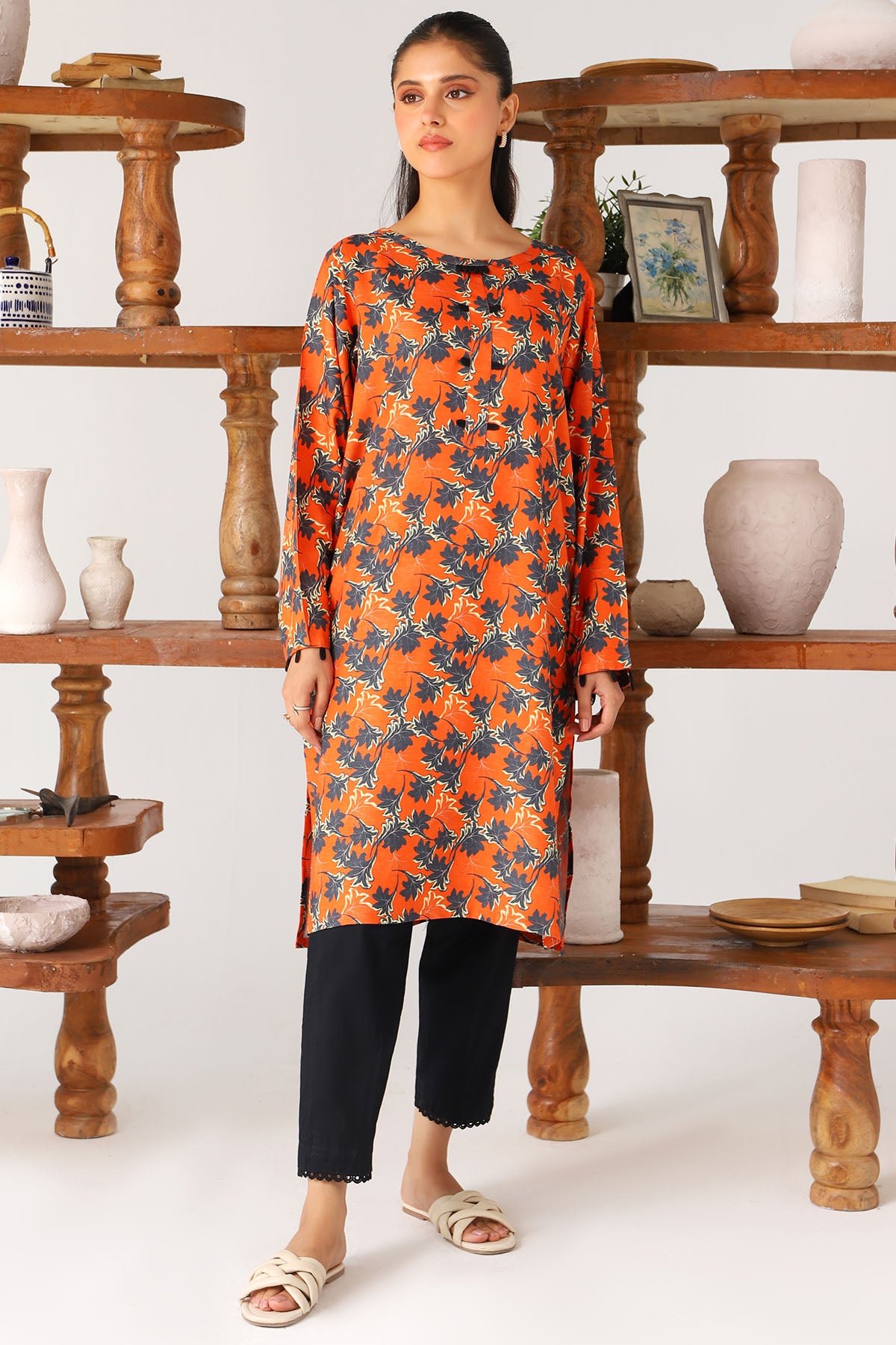 Orange Digital Printed Slub Linen Shirt (1-Pc) - Image 1