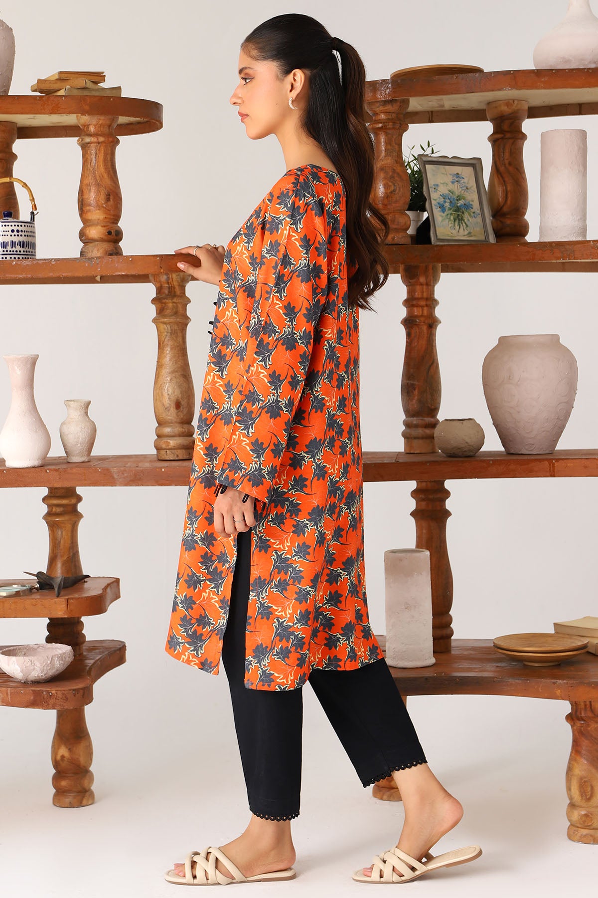 Orange Digital Printed Slub Linen Shirt (1-Pc) - Image 2