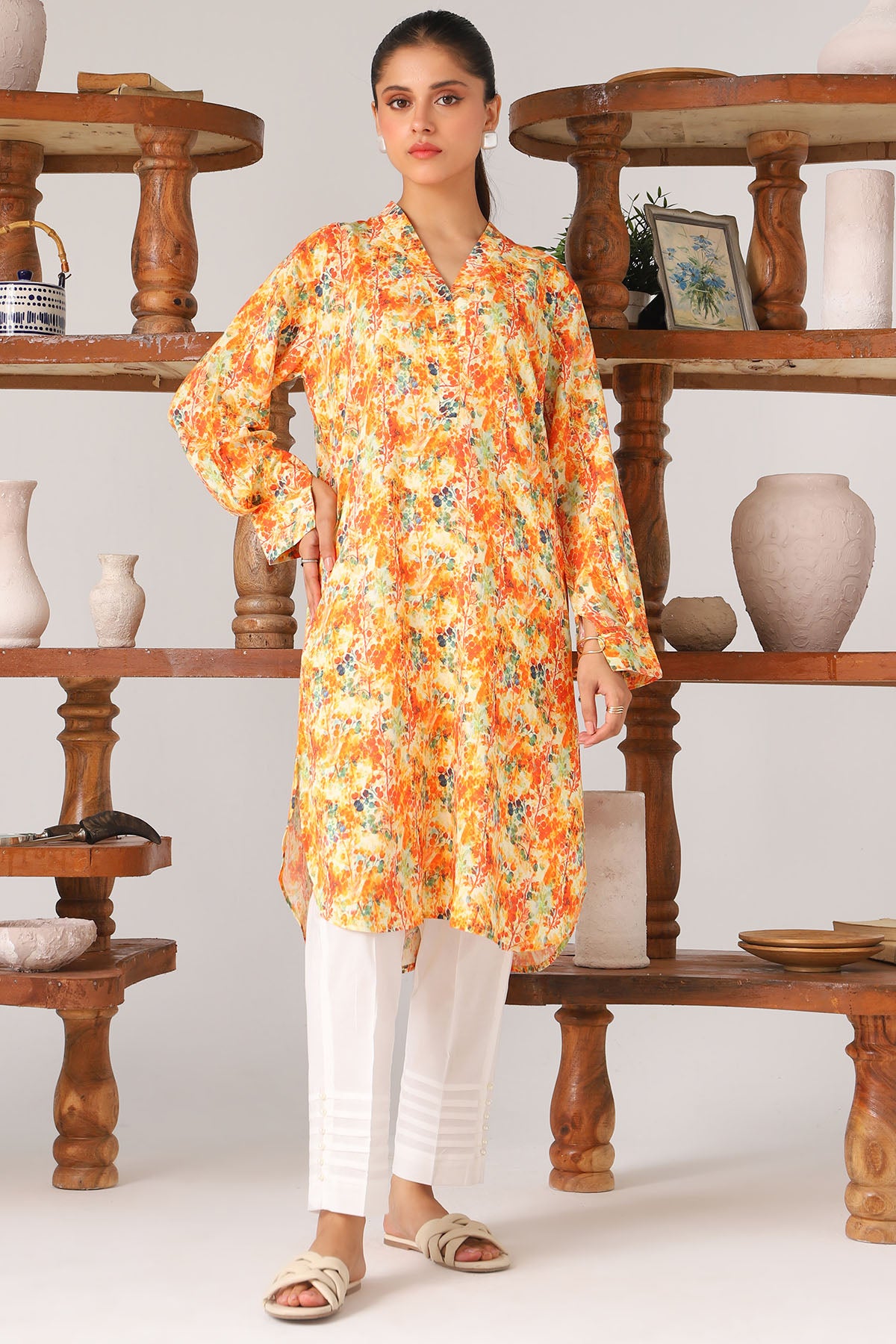 Pakistani Orange Digital Printed Slub Linen Shirt (1-Pc) - Image 1