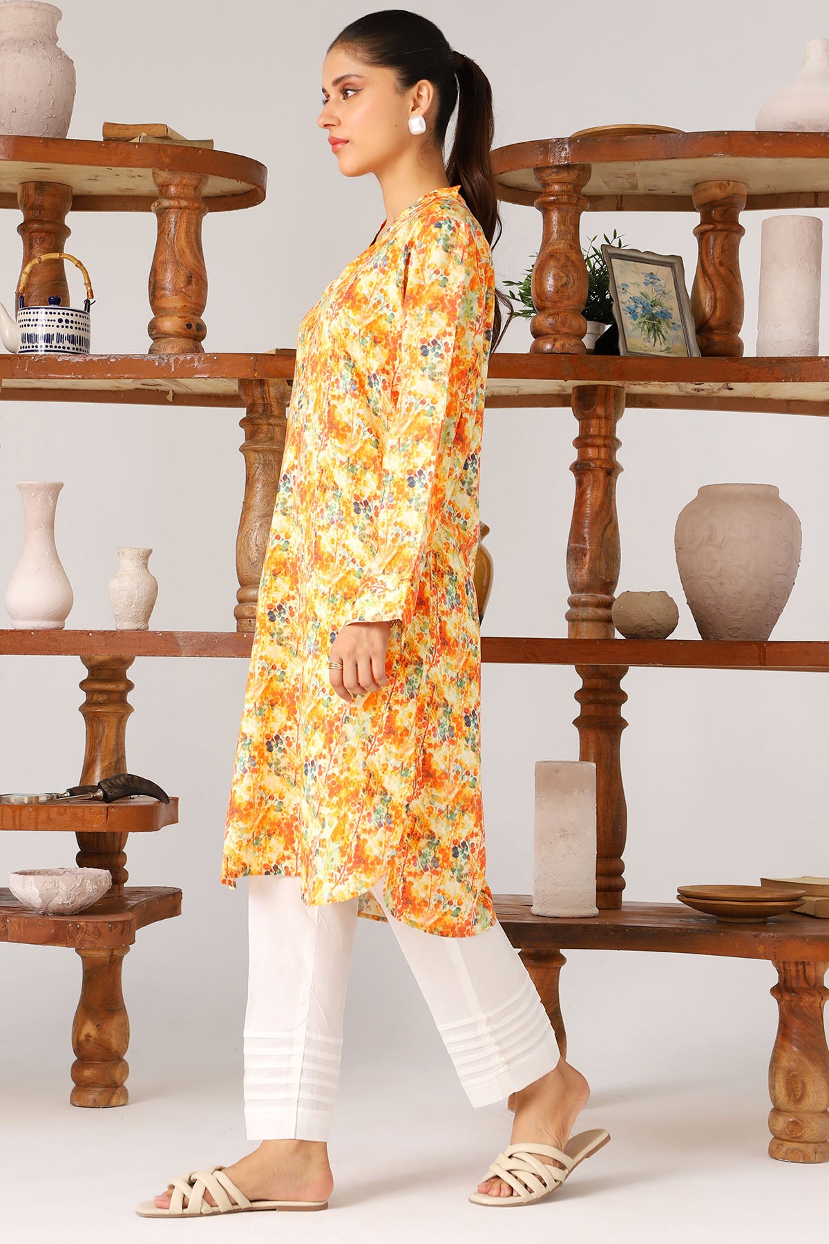 Pakistani Orange Digital Printed Slub Linen Shirt (1-Pc) - Image 2
