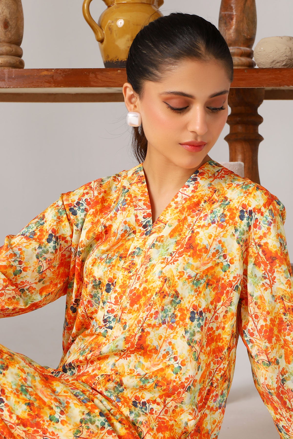 Pakistani Orange Digital Printed Slub Linen Shirt (1-Pc) - Image 3