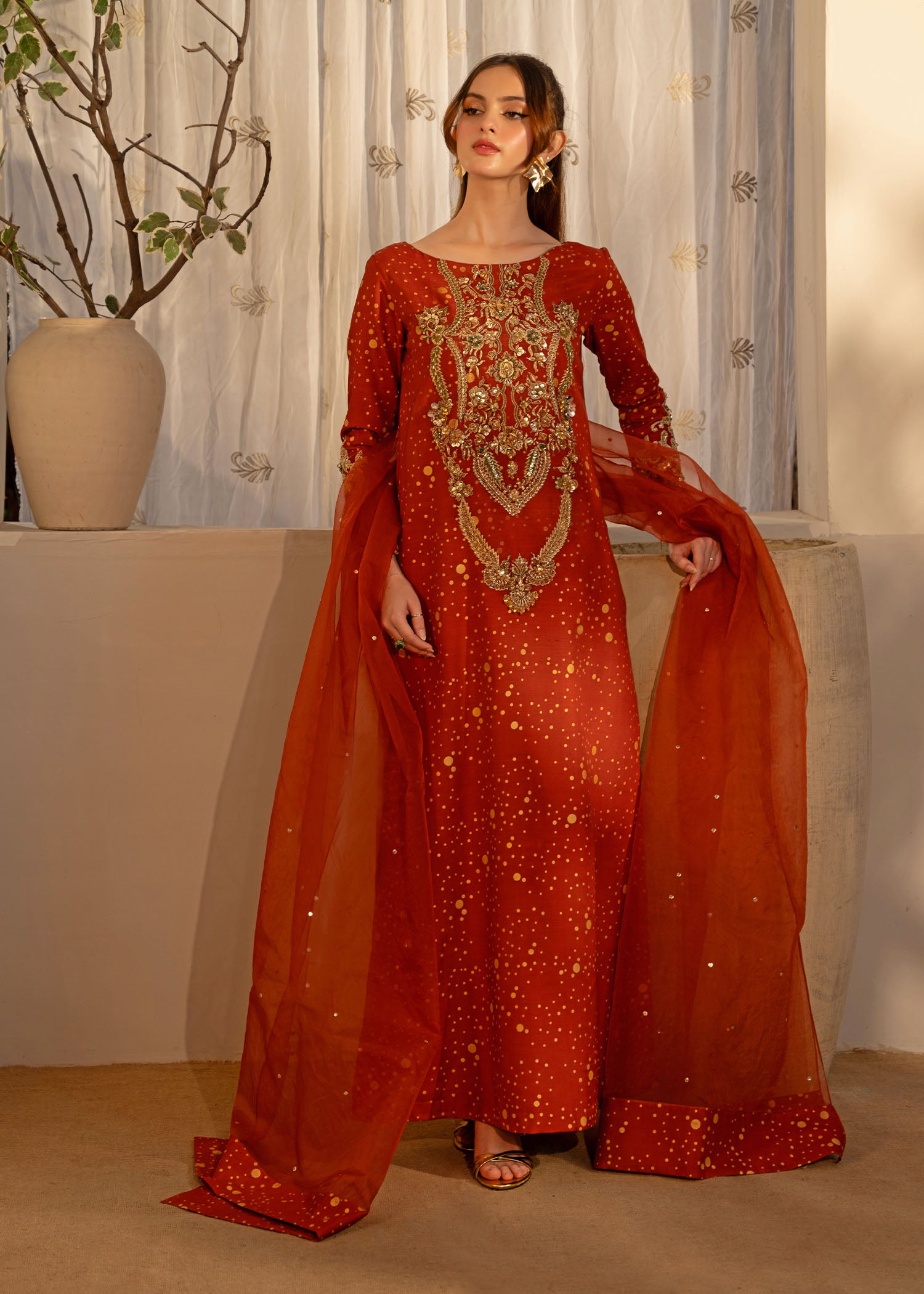 Pakistani Rust Orange Embroidered Thai Silk Salwar Kameez (3-Piece) - Image 1