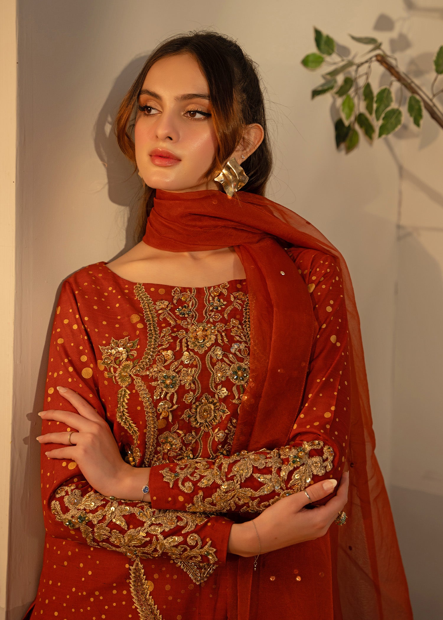 Pakistani Rust Orange Embroidered Thai Silk Salwar Kameez (3-Piece) - Image 2