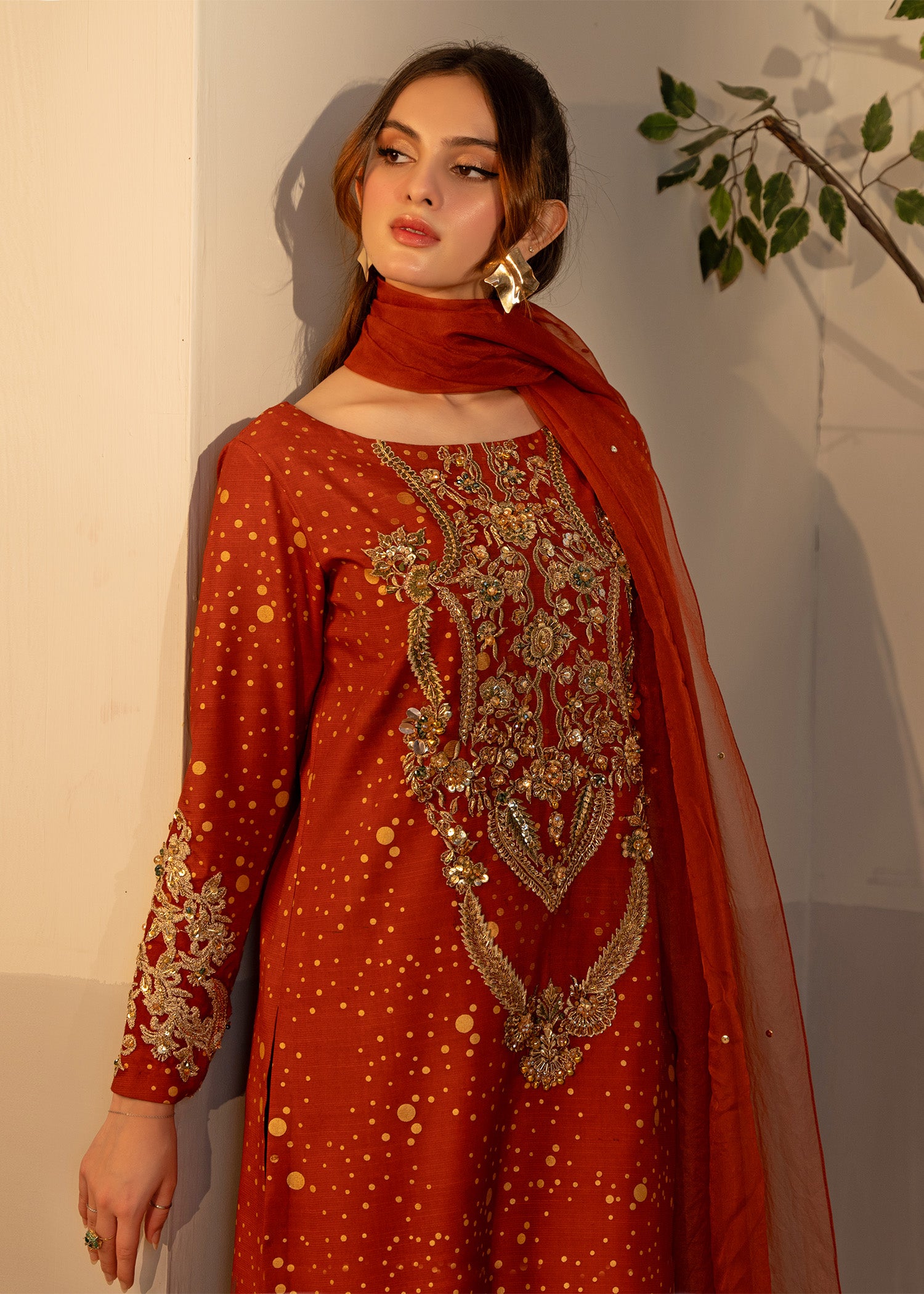 Pakistani Rust Orange Embroidered Thai Silk Salwar Kameez (3-Piece) - Image 3
