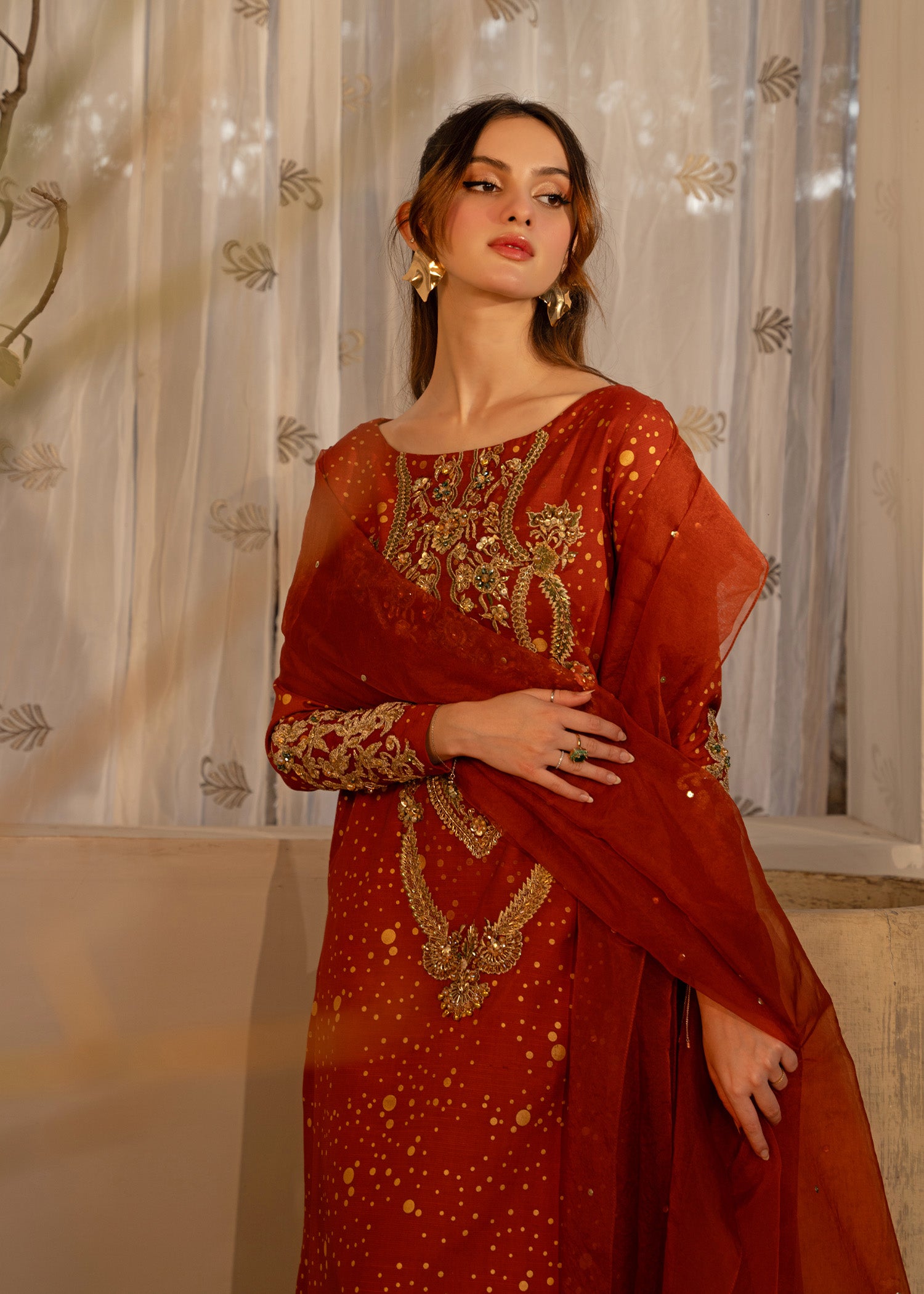 Pakistani Rust Orange Embroidered Thai Silk Salwar Kameez (3-Piece) - Image 4