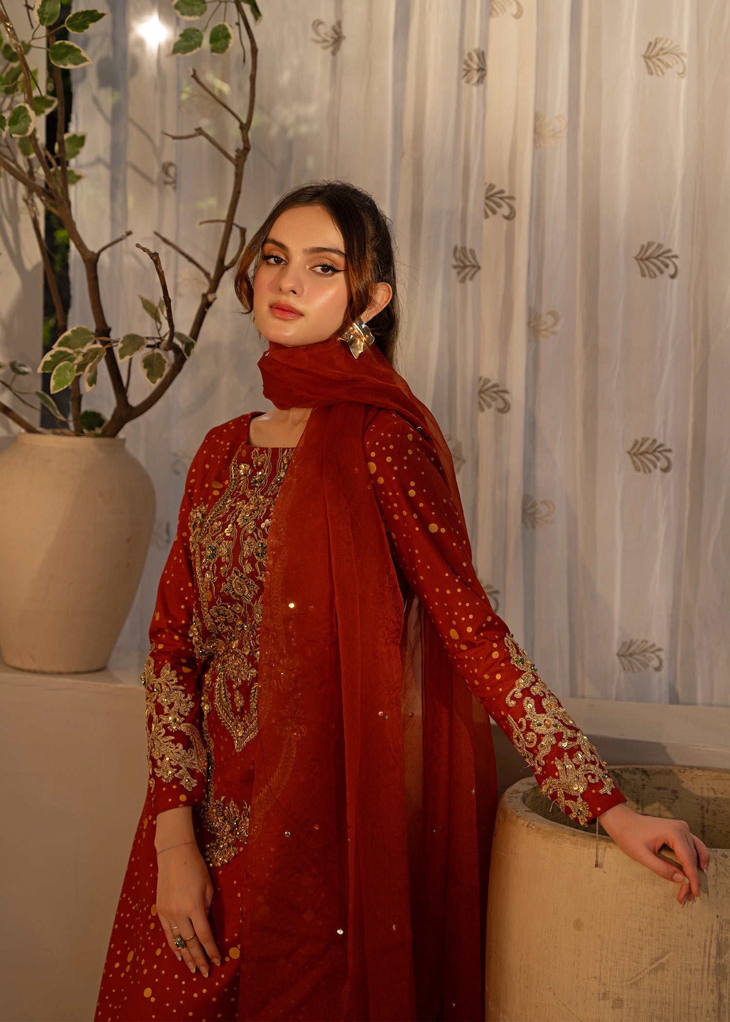 Pakistani Rust Orange Embroidered Thai Silk Salwar Kameez (3-Piece) - Image 5