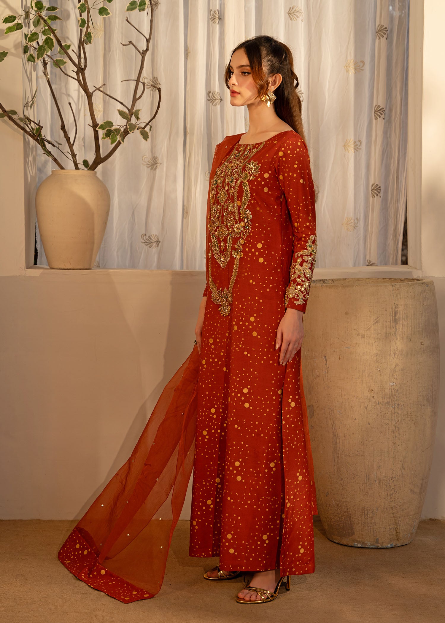Pakistani Rust Orange Embroidered Thai Silk Salwar Kameez (3-Piece) - Image 6