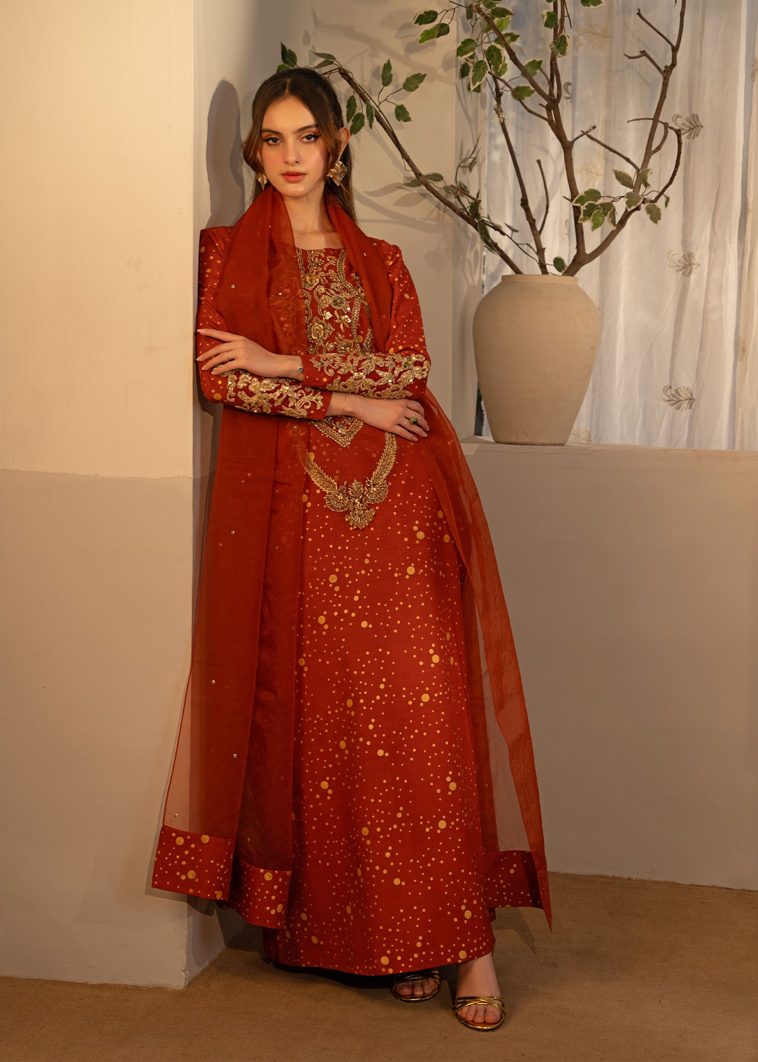 Pakistani Rust Orange Embroidered Thai Silk Salwar Kameez (3-Piece) - Image 7