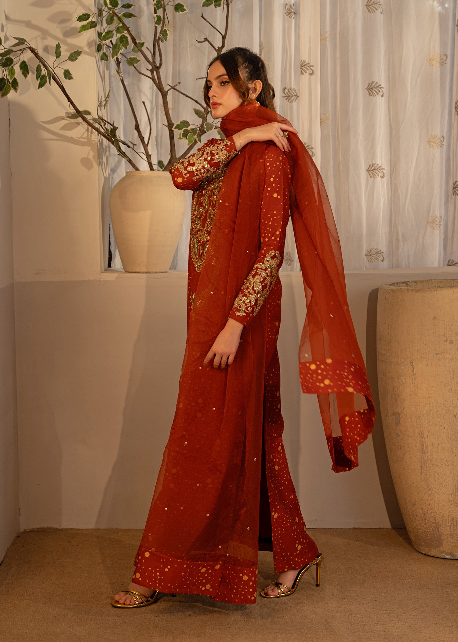 Pakistani Rust Orange Embroidered Thai Silk Salwar Kameez (3-Piece) - Image 8