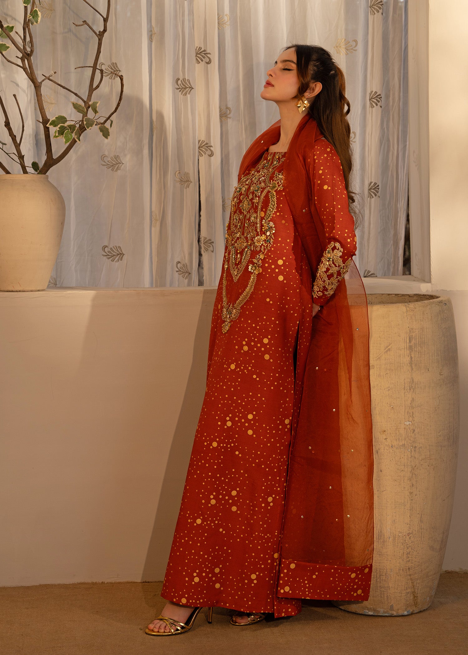 Pakistani Rust Orange Embroidered Thai Silk Salwar Kameez (3-Piece) - Image 9