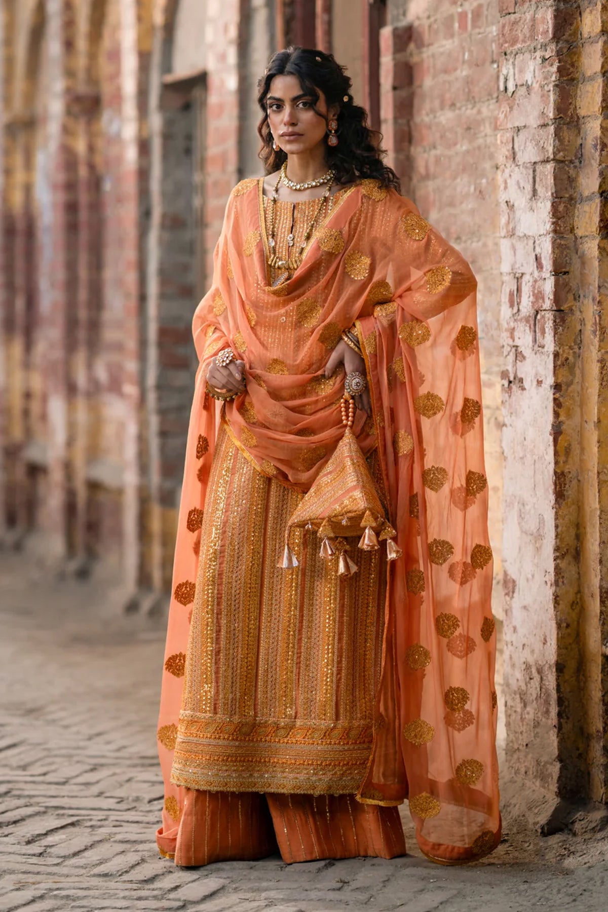 Burnt Orange Embroidered Zari Salwar Kameez (3-Piece) - Image 1