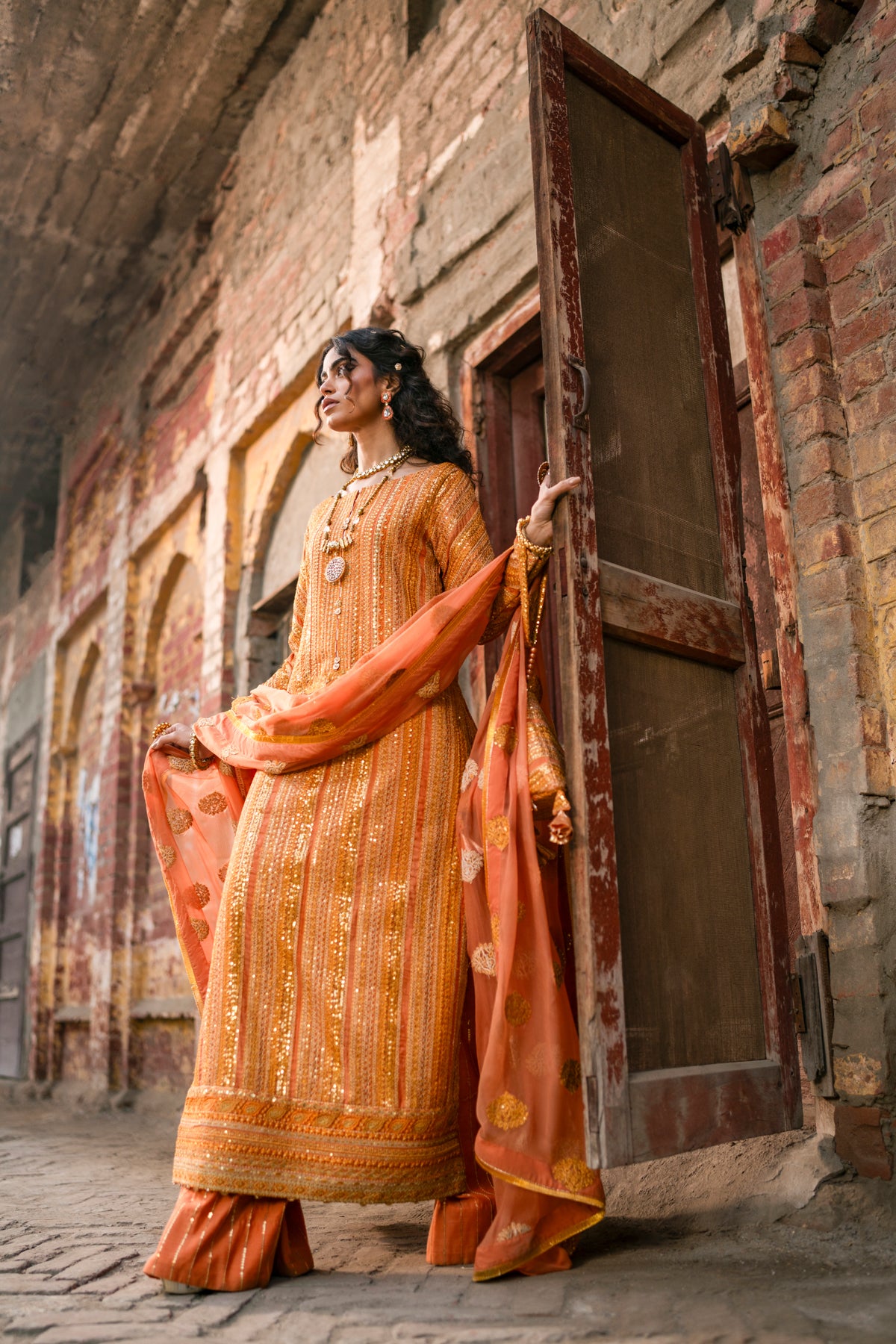 Burnt Orange Embroidered Zari Salwar Kameez (3-Piece) - Image 12