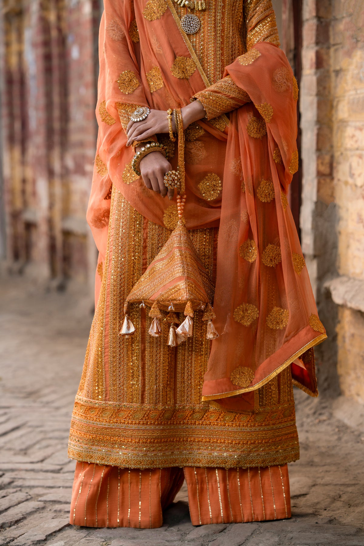 Burnt Orange Embroidered Zari Salwar Kameez (3-Piece) - Image 15