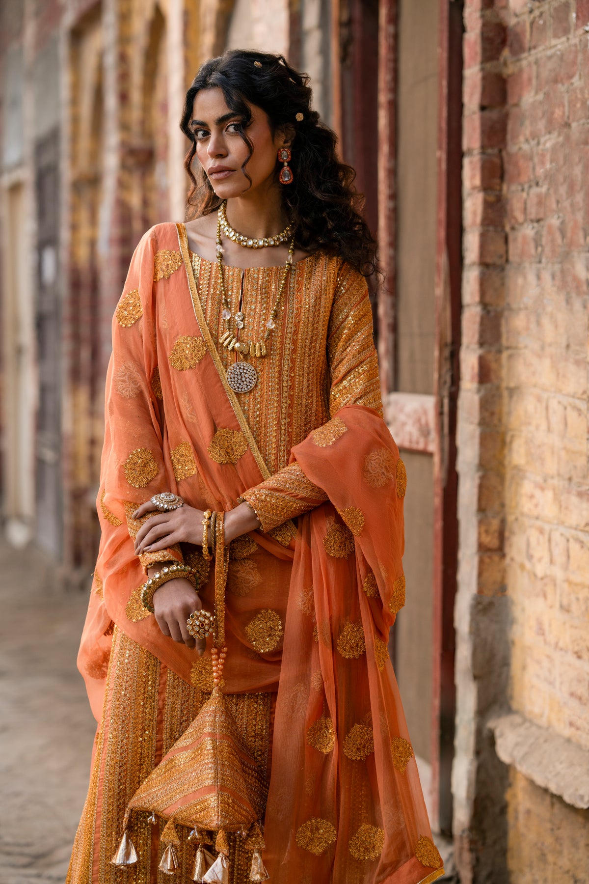 Burnt Orange Embroidered Zari Salwar Kameez (3-Piece) - Image 3