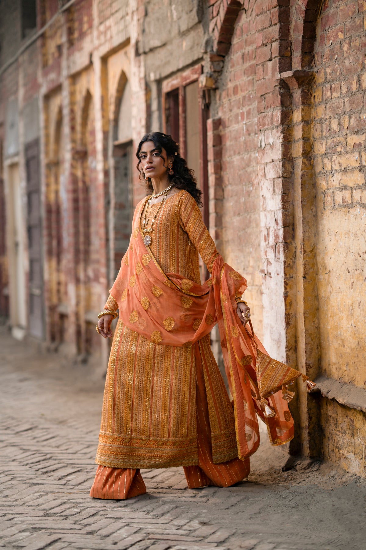 Burnt Orange Embroidered Zari Salwar Kameez (3-Piece) - Image 4