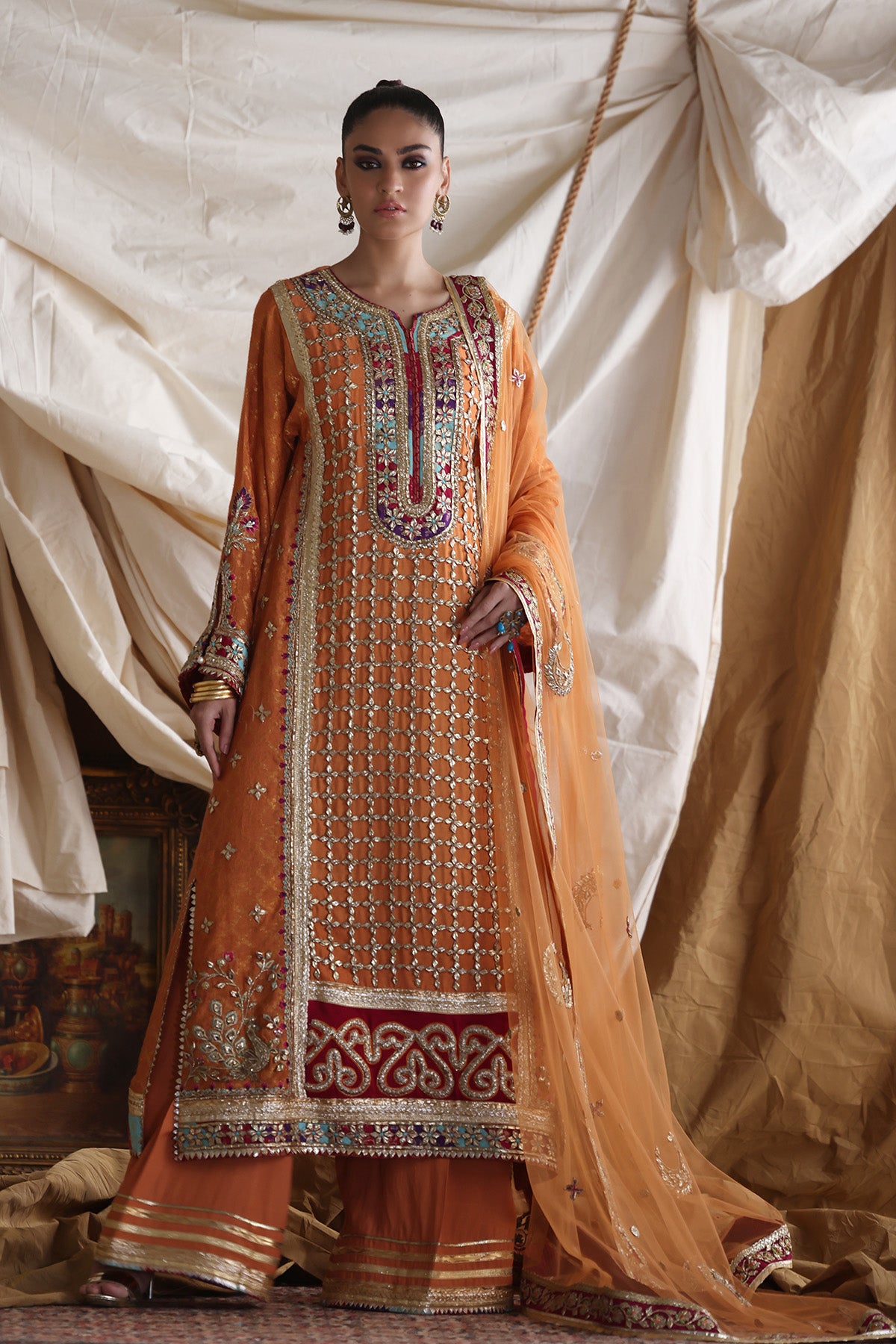 Pakistani Orange Zari Jacquard Salwar Kameez (3-Piece) - Image 1