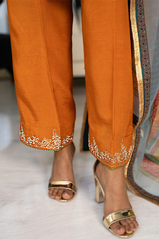 Pakistani Orange Zari Organza Salwar Kameez (3-Piece) - Image 1