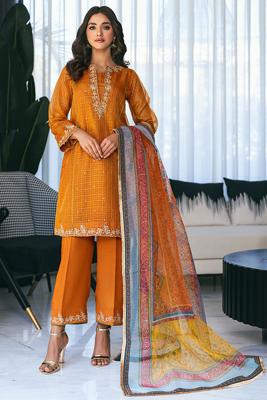 Pakistani Orange Zari Organza Salwar Kameez (3-Piece) - Image 2