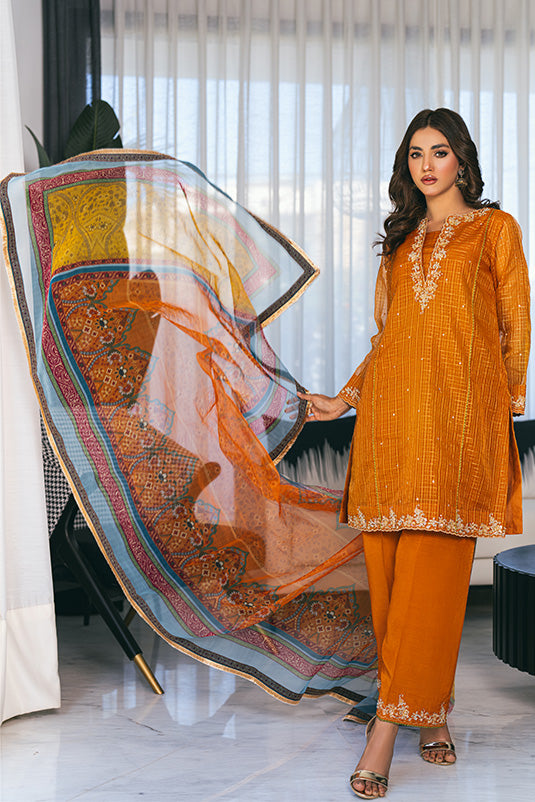 Pakistani Orange Zari Organza Salwar Kameez (3-Piece) - Image 3