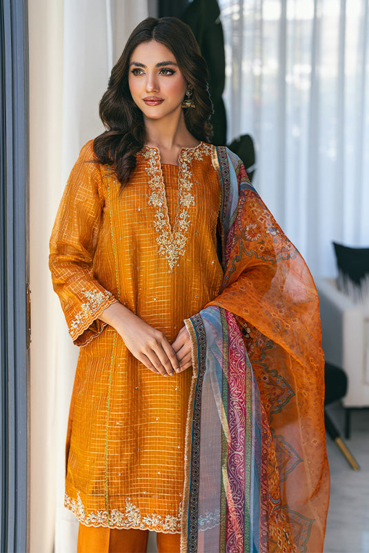 Pakistani Orange Zari Organza Salwar Kameez (3-Piece) - Image 5