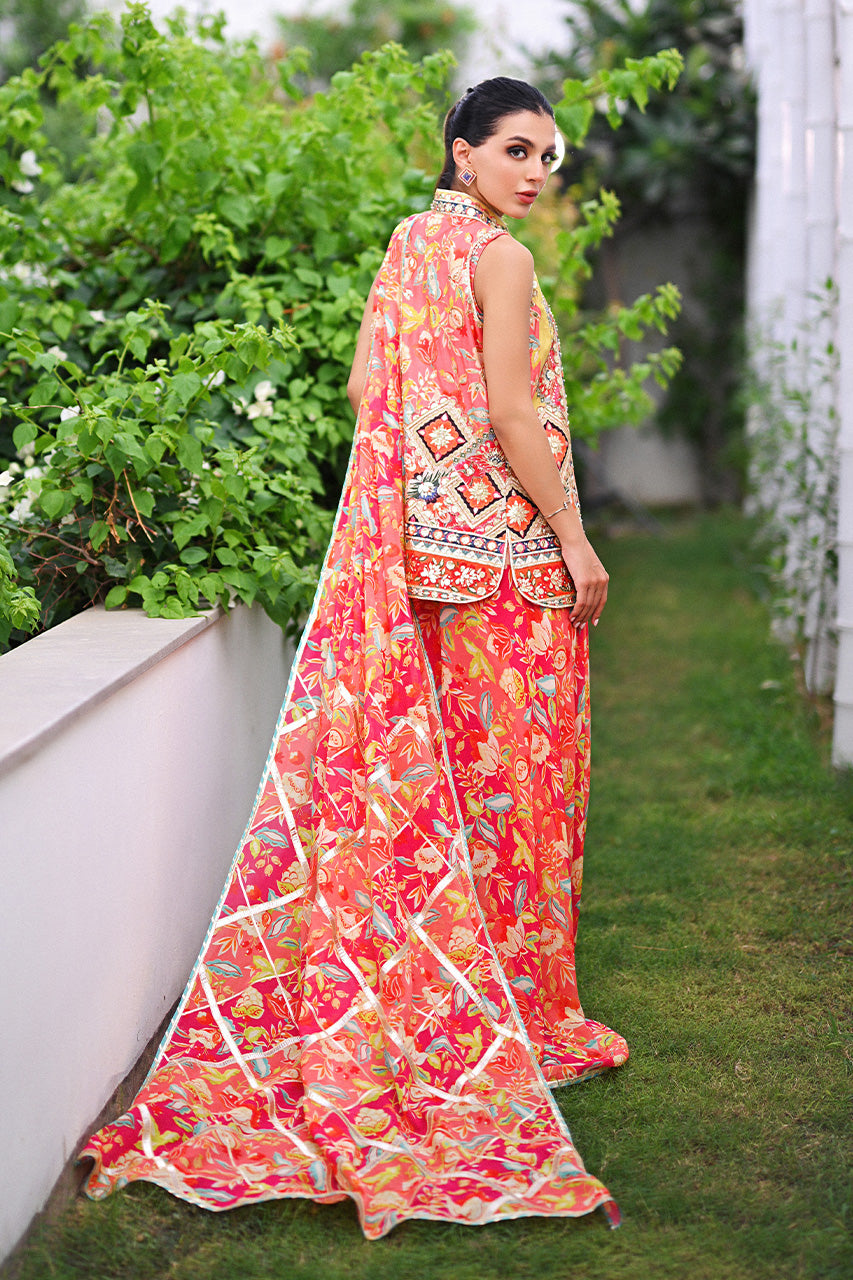 Pakistani Tangerine Embellished Khaddi Silk Pre-Draped Sari (3-Piece) - Image 2