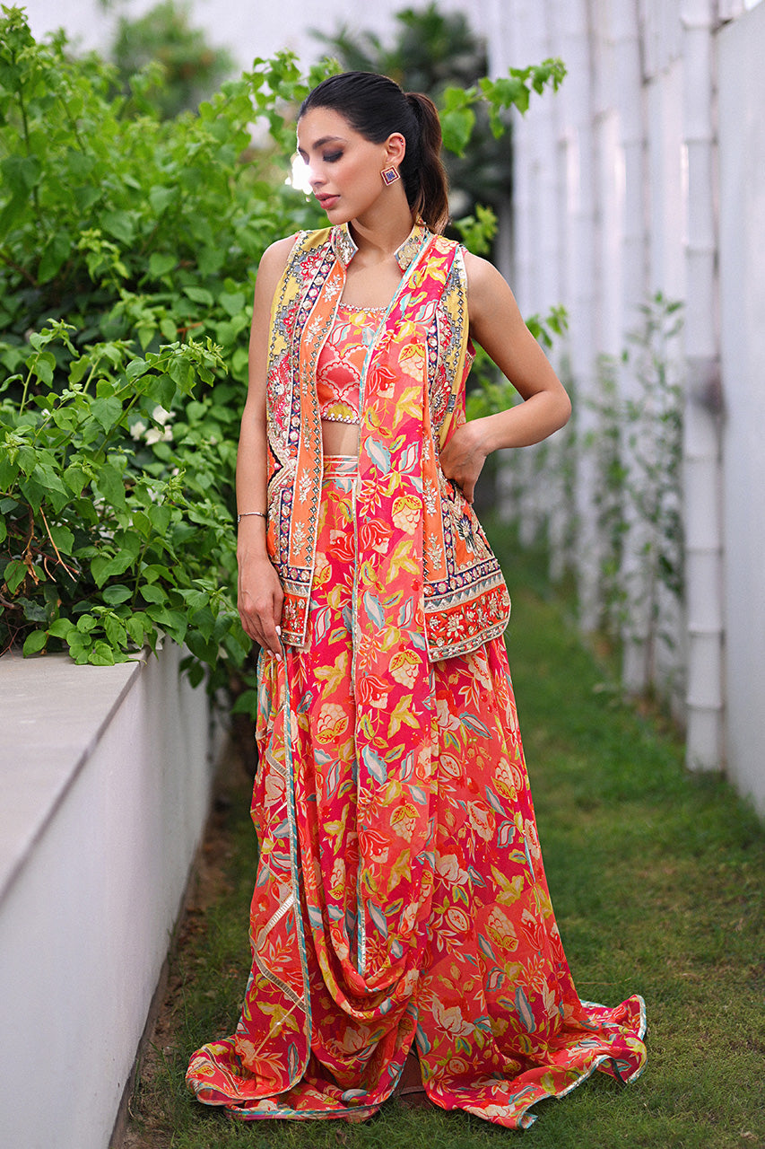 Pakistani Tangerine Embellished Khaddi Silk Pre-Draped Sari (3-Piece) - Image 3