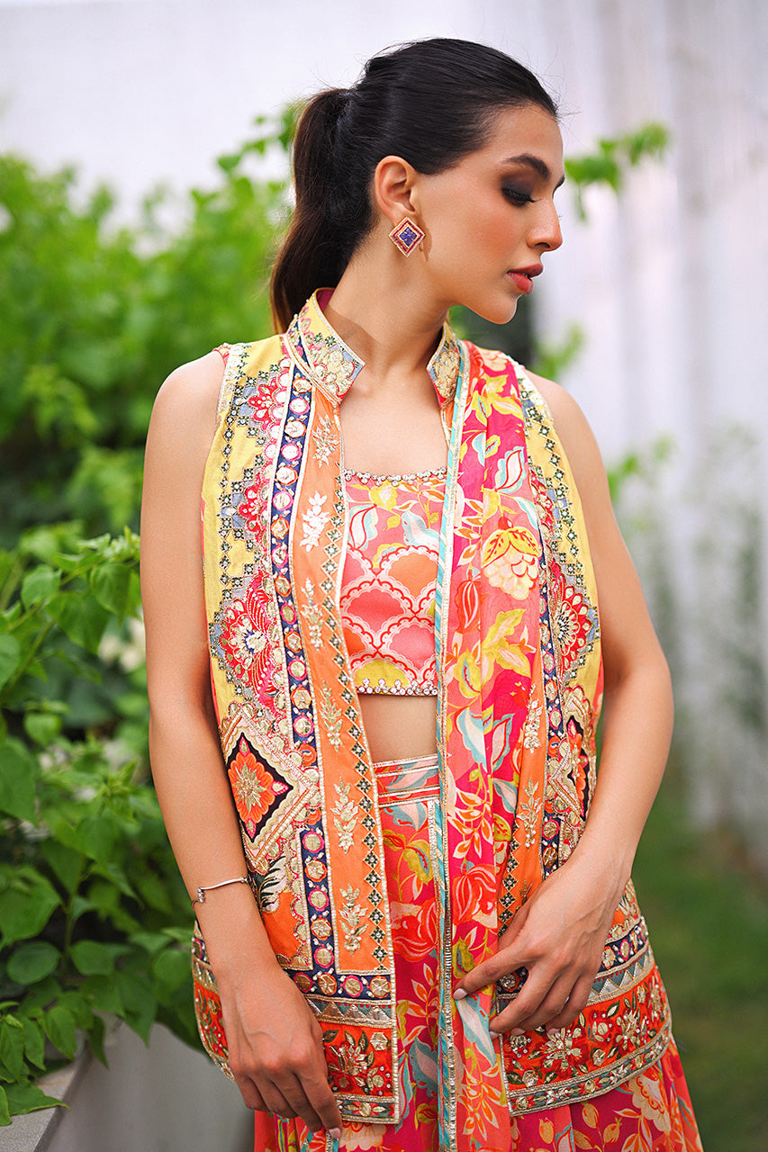 Pakistani Tangerine Embellished Khaddi Silk Pre-Draped Sari (3-Piece) - Image 6