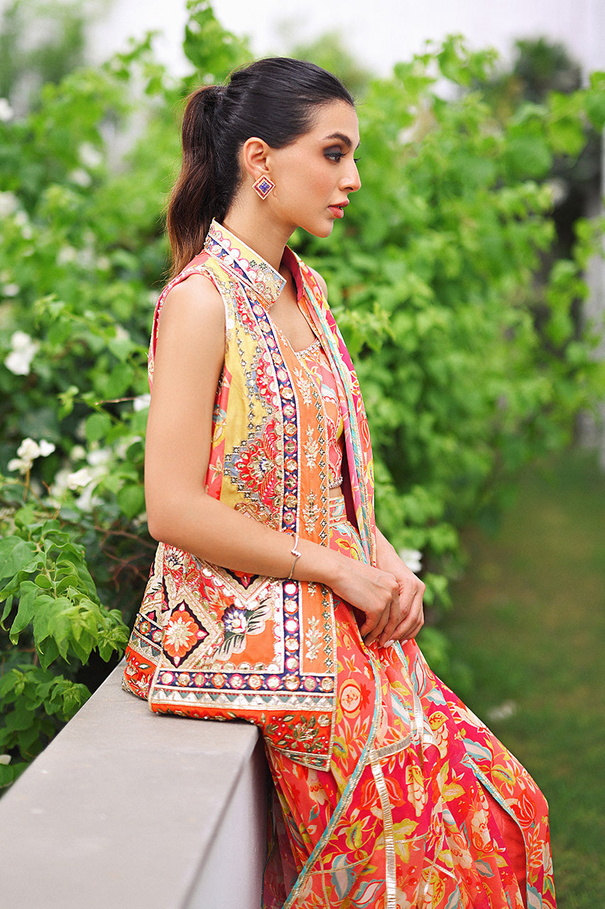 Pakistani Tangerine Embellished Khaddi Silk Pre-Draped Sari (3-Piece) - Image 8