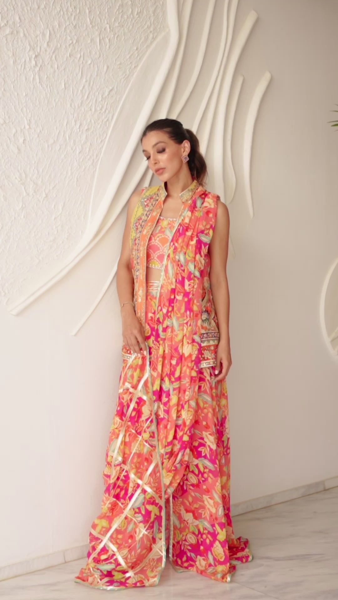 Tangerine Embellished Khaddi Silk Pre-Draped Sari (3-Piece) - Image 10