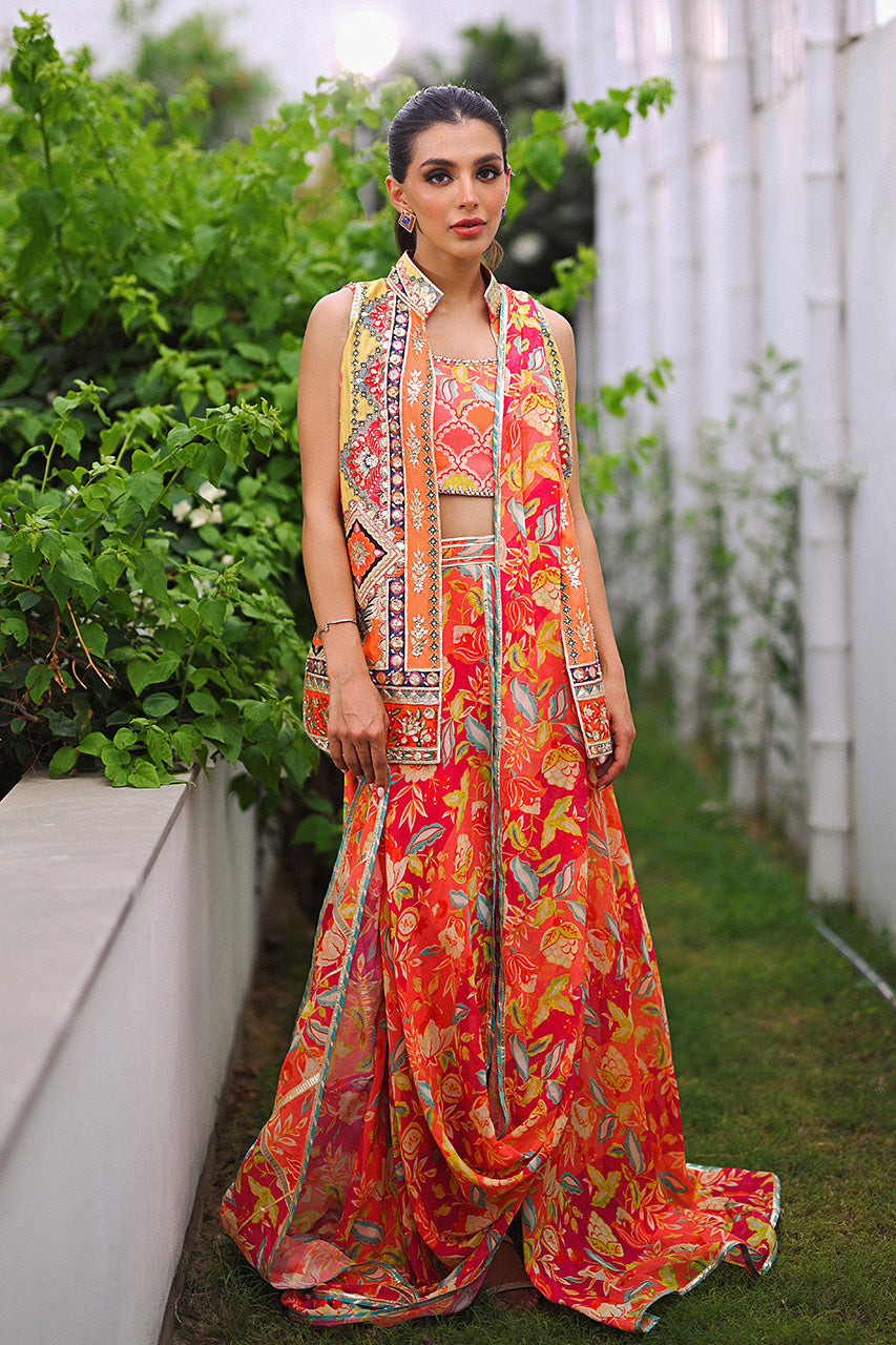 Tangerine Embellished Khaddi Silk Pre-Draped Sari (3-Piece) - Image 5