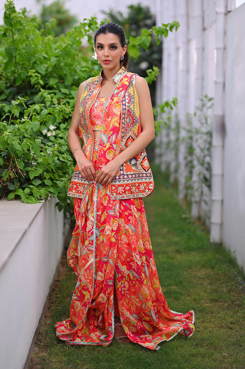 Pakistani Tangerine Embellished Khaddi Silk Pre-Draped Sari (3-Piece) - Image 1