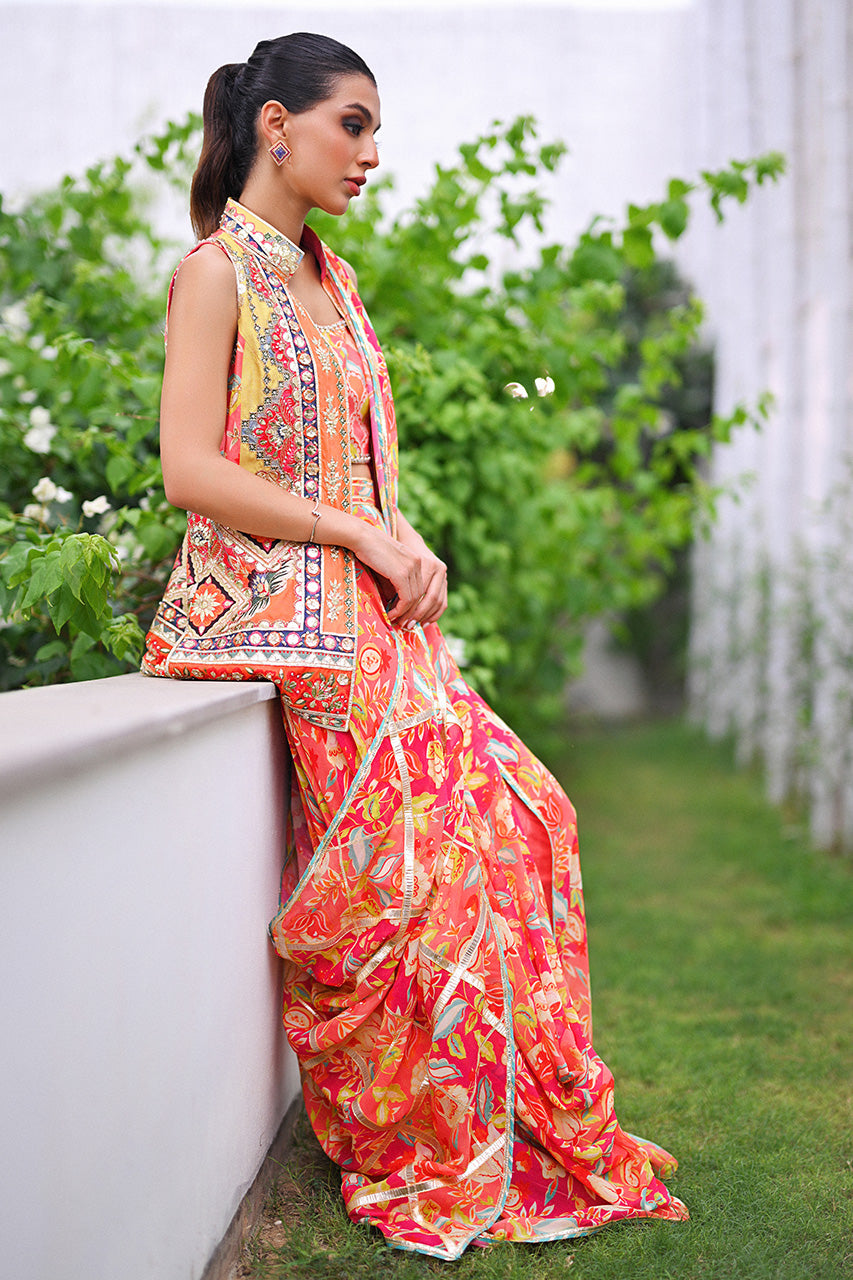 Pakistani Tangerine Embellished Khaddi Silk Pre-Draped Sari (3-Piece) - Image 4